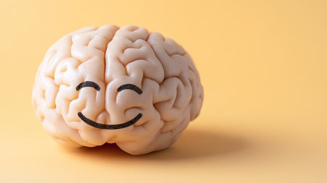 A cheerful gray brain with a yellow smiley face set against a light orange background in a minimalistic collage style