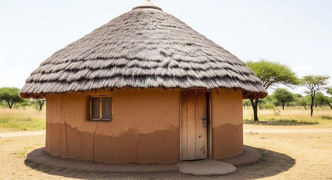 Traditional African round hut with thatched roof in rural landscape.