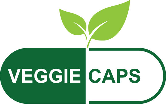 Veggie Caps Logo Design with Green Leaves for Healthy Food Products . Veggie Capsules label icon Vector