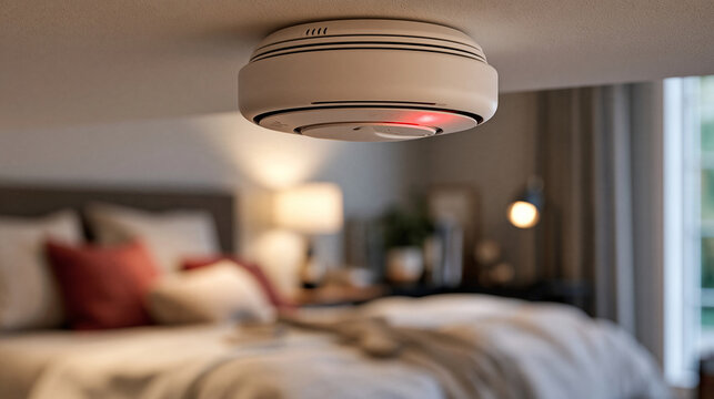 Detailed close-up of a household smoke alarm with a low battery warning light blinking red mounted on a white ceiling above a sleeping area, conveying urgent home fire prevention