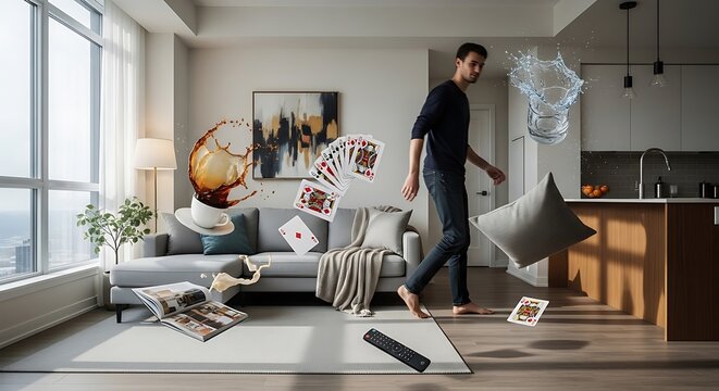 Young man walking in living room with floating household objects.