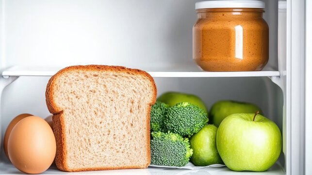 A well-organized refrigerator showcases fresh food essentials like bread, peanut butter, apples, and broccoli on clean white shelves