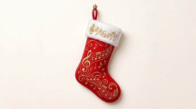 Musical Christmas stocking with gold notes, red velvet holiday sock with white fur trim, festive music themed decoration on white background