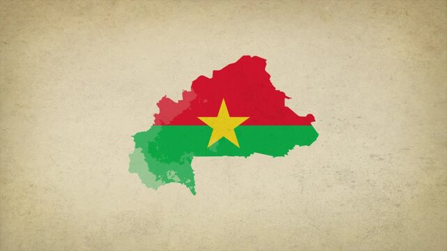 Animated Appearing Burkina Faso Map Filled with Flag Isolated on Vintage Background