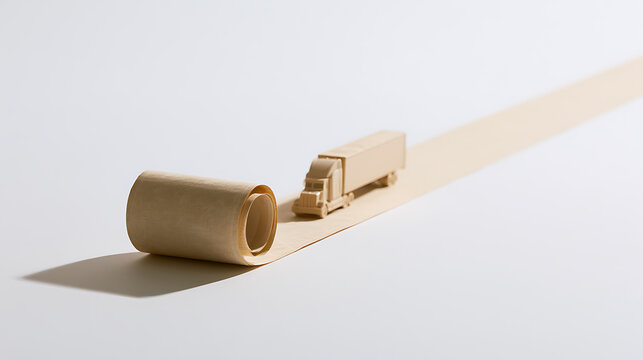 A miniature wooden truck drives forward on a long unrolled paper road against a clean white background in a conceptual logistics shot