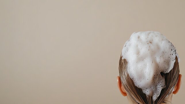 Close-up of a woman's hair covered in shampoo foam showing dry and dirty strands against a neutral background
