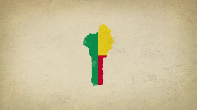 Animated Appearing BENIN Map Filled with Flag Isolated on Vintage Background