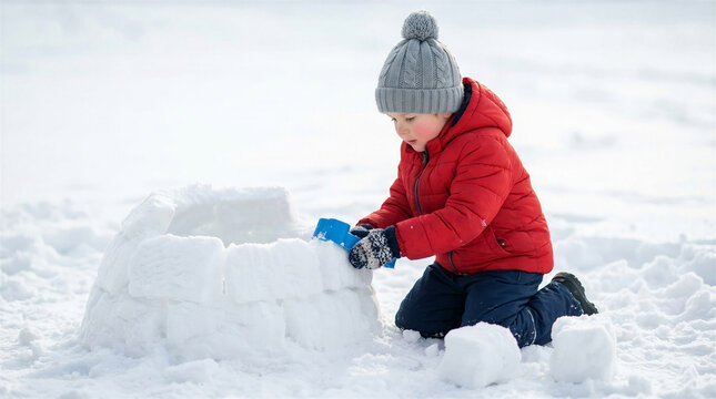 Young boy building an igloo with snow in a winter landscape  