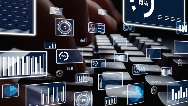 Close-up view of hands on a keyboard with floating digital graphics of charts and graphs, symbolizing data analysis and modern business intelligence tools. Xenic