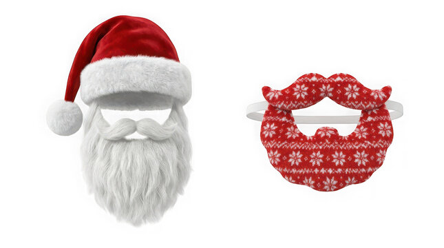 Santa claus hat and beard with a festive patterned mask isolated on transparent background