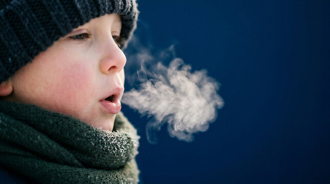 Young boy exhaling visible breath in cold winter air  