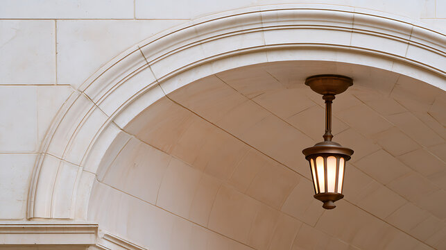 Elegant classic outdoor wall sconce light fixture hanging under white stone archway structure exterior building facade modern architectural design