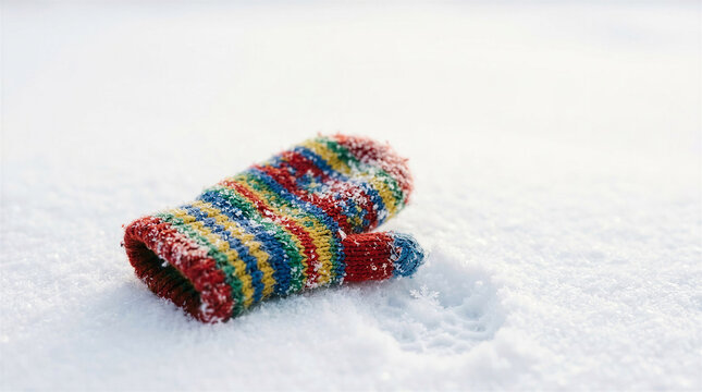 Colorful knitted mitten lying in fresh snow on a winter day  