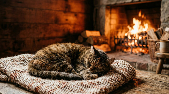 Tabby cat sleeping on a knitted blanket near a fireplace  