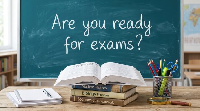 Are you ready for exams message on chalkboard with books and school supplies on a desk in a classroom.