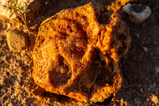Raw quartz secretion featuring a sparkling crystal druse covered in golden sand discovered in a dusty desert quarry, natural geological specimen unearthed by rockhound enthusiast