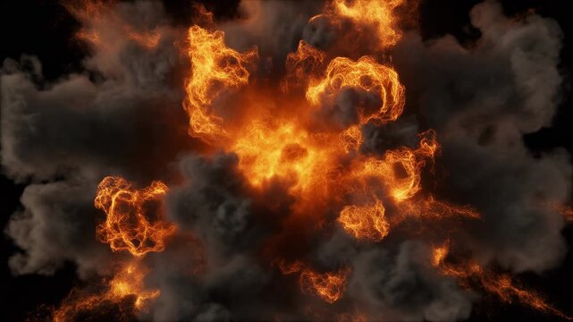Cinematic fire explosion with intense smoke and sparks isolated on black background, blast inferno combustion