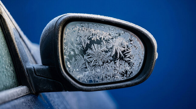 Frost-covered car side mirror with intricate ice patterns  