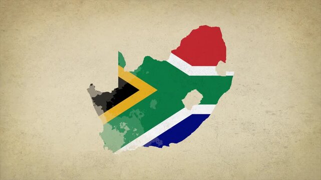 Animated Appearing SOUTH AFRICA Map Filled with Flag Isolated on Vintage Background