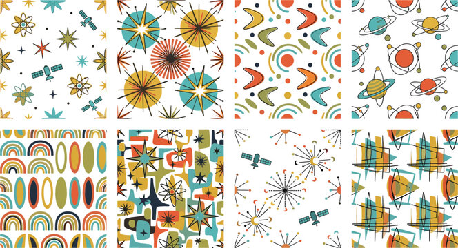 Mid-century modern seamless pattern collection featuring retro atomic starbursts boomerang shapes planets satellites and abstract geometric designs