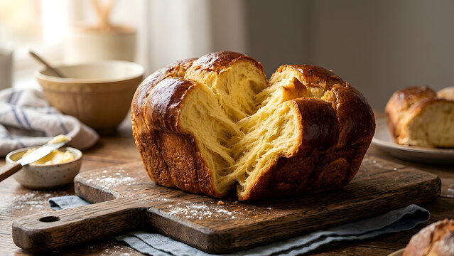 Warm brioche loaf being gently torn open showing fluffy golden interior strands