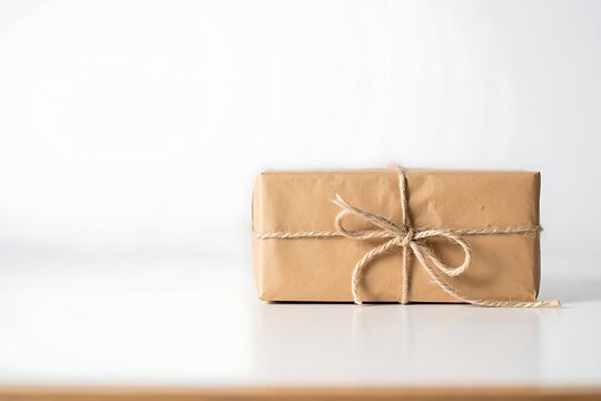 Small rectangular parcel wrapped in brown craft paper and tied securely with twine string