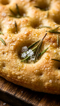 Macro shot of sea salt flakes and rosemary sprigs pressed into focaccia bread dimples