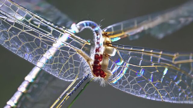 Transparent wings and red parasites of a dragonfly, creating a mesmerizing visual effect, featuring wing, parasite, nature, insect, macro, detail, delicate, wildlife, entomology.