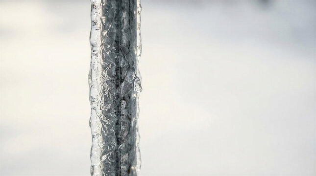 Ice-covered metal pole in a snowy landscape  