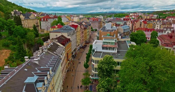 Aerial view of a beautiful forest city featuring incredibly fairytale, like architecture and thermal springs with healing water, Karlovy Vary, Czech Republic