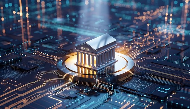 Classical bank building icon resting on a glowing digital circuit board representing fintech security