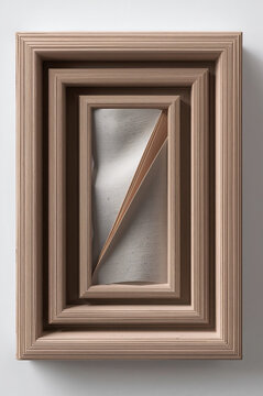 A rectangular wooden frame with multiple nested layers creating a deep shadow box effect, containing a folded piece of translucent white paper