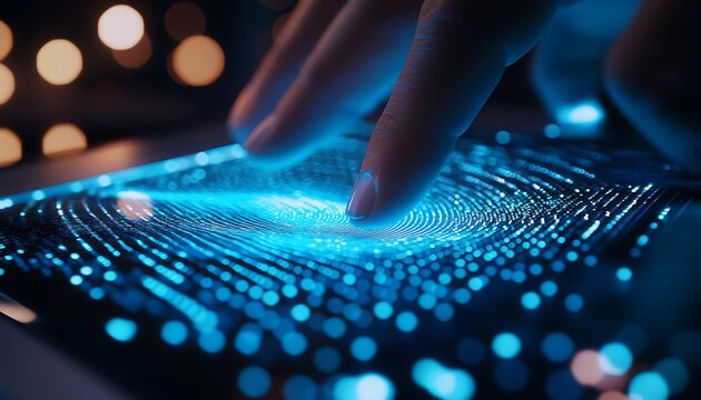 Biometric security scan with finger touching a glowing digital display interface for futuristic data