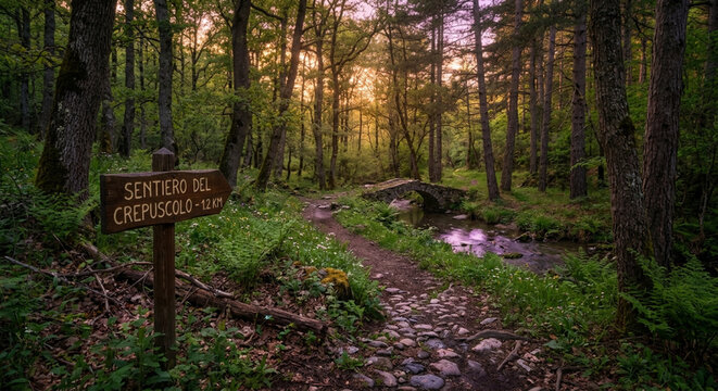 FORESTA, BOSCO, CARTELLO CHE INDICA IL SENTIERO DELLA FORESTA BOSCO STRADINA IN MEZZO AL PRATO