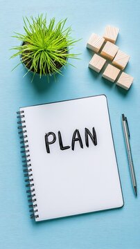 Creative planning concept with wooden cubes spelling plan, a notebook, a pen, and a small plant on a modern blue background