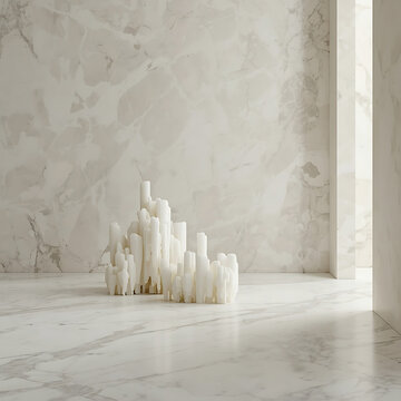 An abstract white sculpture resembling a cluster of stalagmites or melting wax candles standing on a polished white marble floor against marble walls
