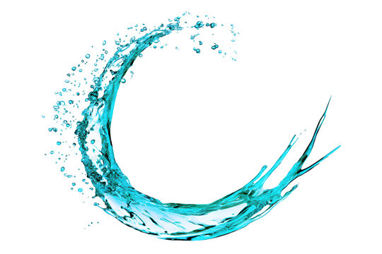 Dynamic water splash of transparent blue liquid creating abstract wave shape on white background