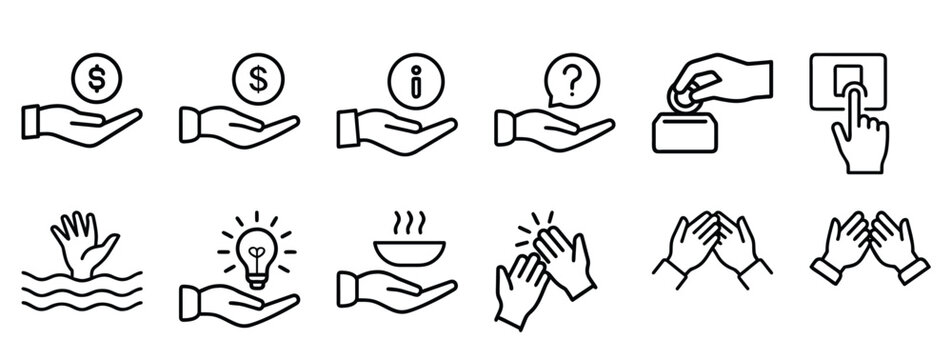 Charity donation outline icons set with helping hand money coin idea bulb food bowl applause support & vector illustration with editable stroke.