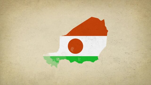Animated Appearing NIGER Map Filled with Flag Isolated on Vintage Background
