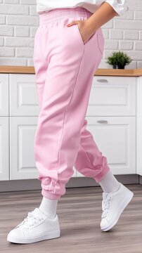 A woman in pink pants and white socks walks gracefully through her cozy kitchen at home, embodying a relaxed morning vibe