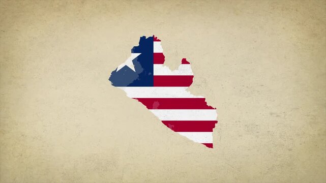 Animated Appearing LIBERIA Map Filled with Flag Isolated on Vintage Background