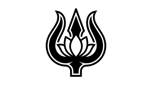 Black and white graphic silhouette vector emblem of a sacred lotus flower integrated with a symbolic three pronged spear for spiritual art