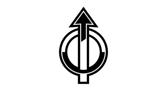 Black and white vector icon of a minimalist abstract geometric circle merged with an upward arrow symbol representing direction, growth, and progress
