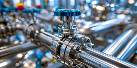 Fototapeta premium Close-up of stainless steel industrial pipes and valves with blue handles, showcasing modern factory machinery in a clean, high-tech environment.