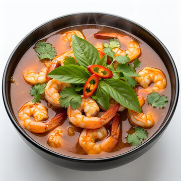 Spicy shrimp soup with herbs in a black bowl on white backdrop