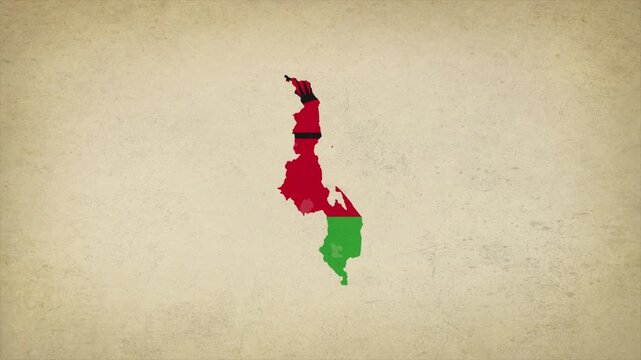 Animated Appearing MALAWI Map Filled with Flag Isolated on Vintage Background