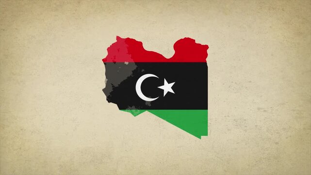 Animated Appearing LIBYA Map Filled with Flag Isolated on Vintage Background