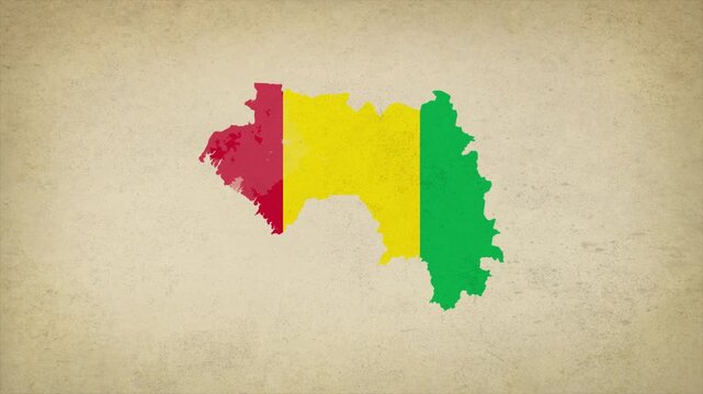 Animated Appearing GUINEA Map Filled with Flag Isolated on Vintage Background