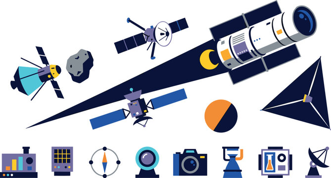 Space exploration and astronomy vector set featuring telescope orbital satellites deep space probe asteroid planet and observatory equipment isolated on white background