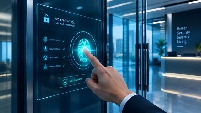 Digital access control interface displays fingerprint scan with security icons on a touchscreen